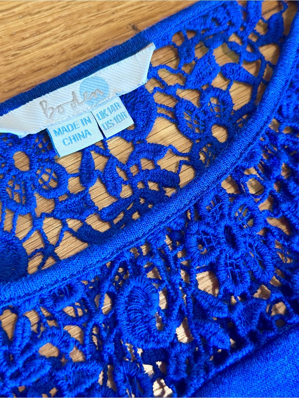Boden Royal Blue Sleeveless Dress Crochet Lace Yoke Linen US 10R / UK 14R